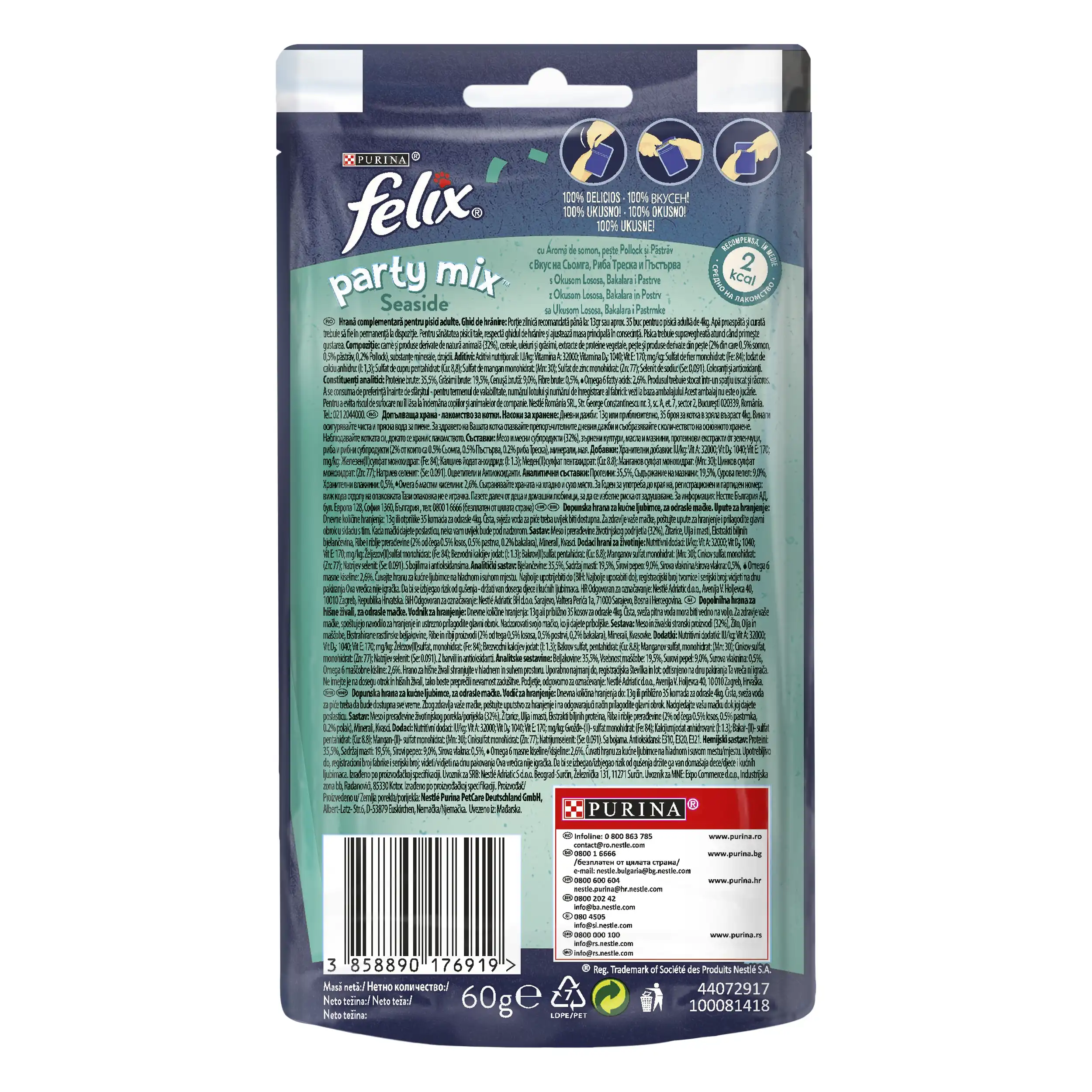 Purina Felix Party Mix Seaside cu Somon Pește Pollock și Păstrăv Pisici 60g