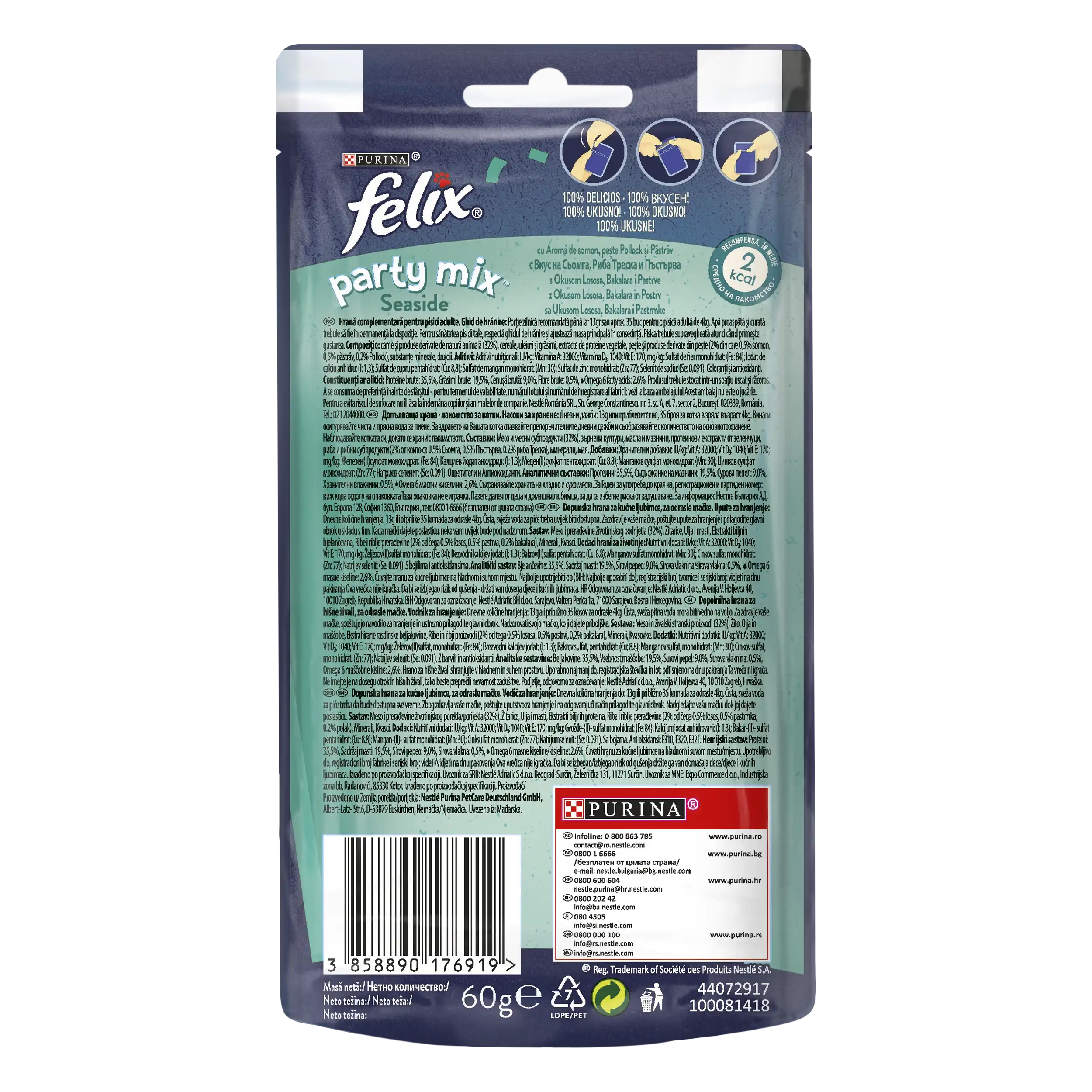 Purina Felix Party Mix Seaside cu Somon Pește Pollock și Păstrăv Pisici 60g
