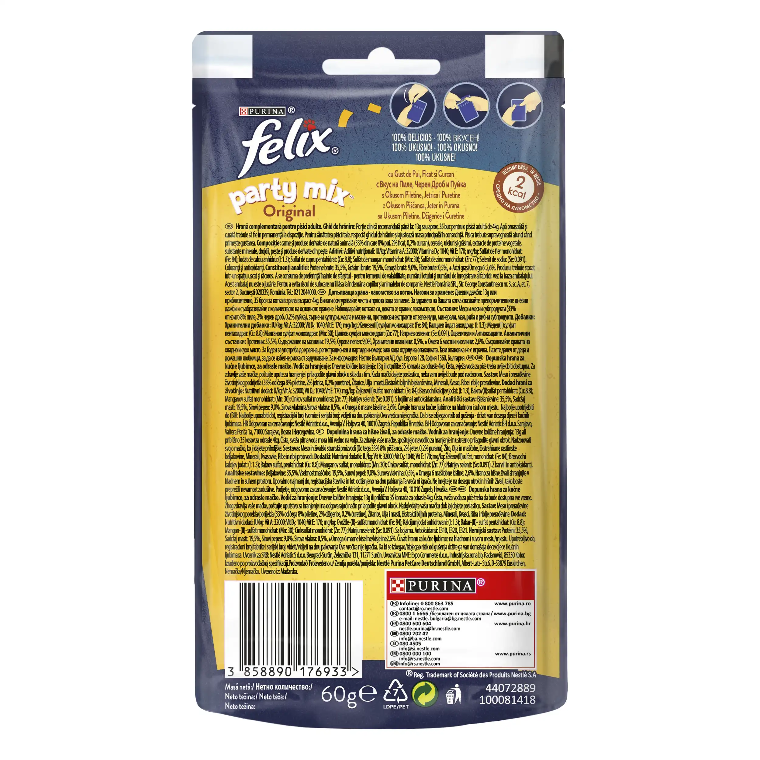 Purina Felix Party Mix Original cu Pui Ficat și Curcan Pisici 60g