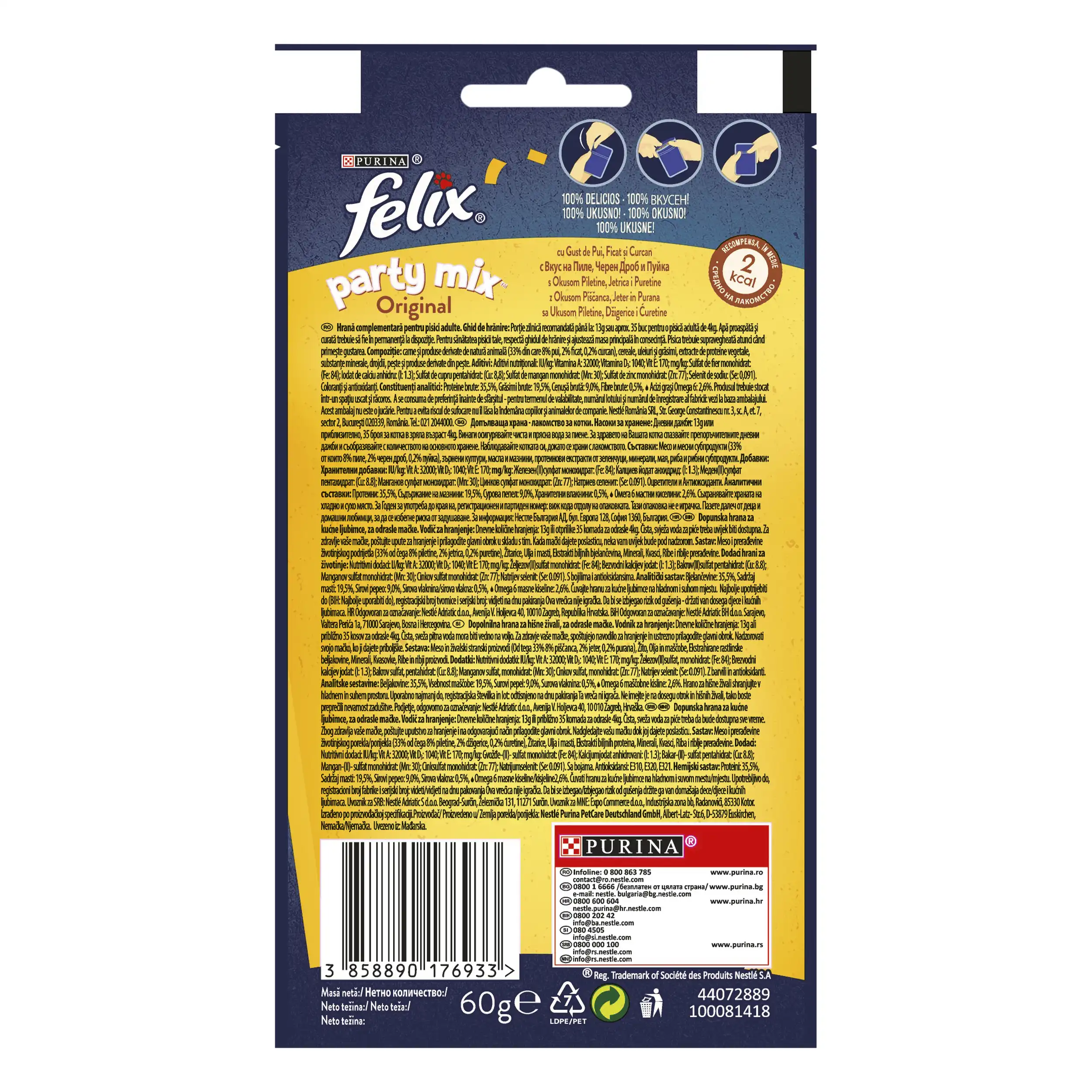 Purina Felix Party Mix Original cu Pui Ficat și Curcan Pisici 60g
