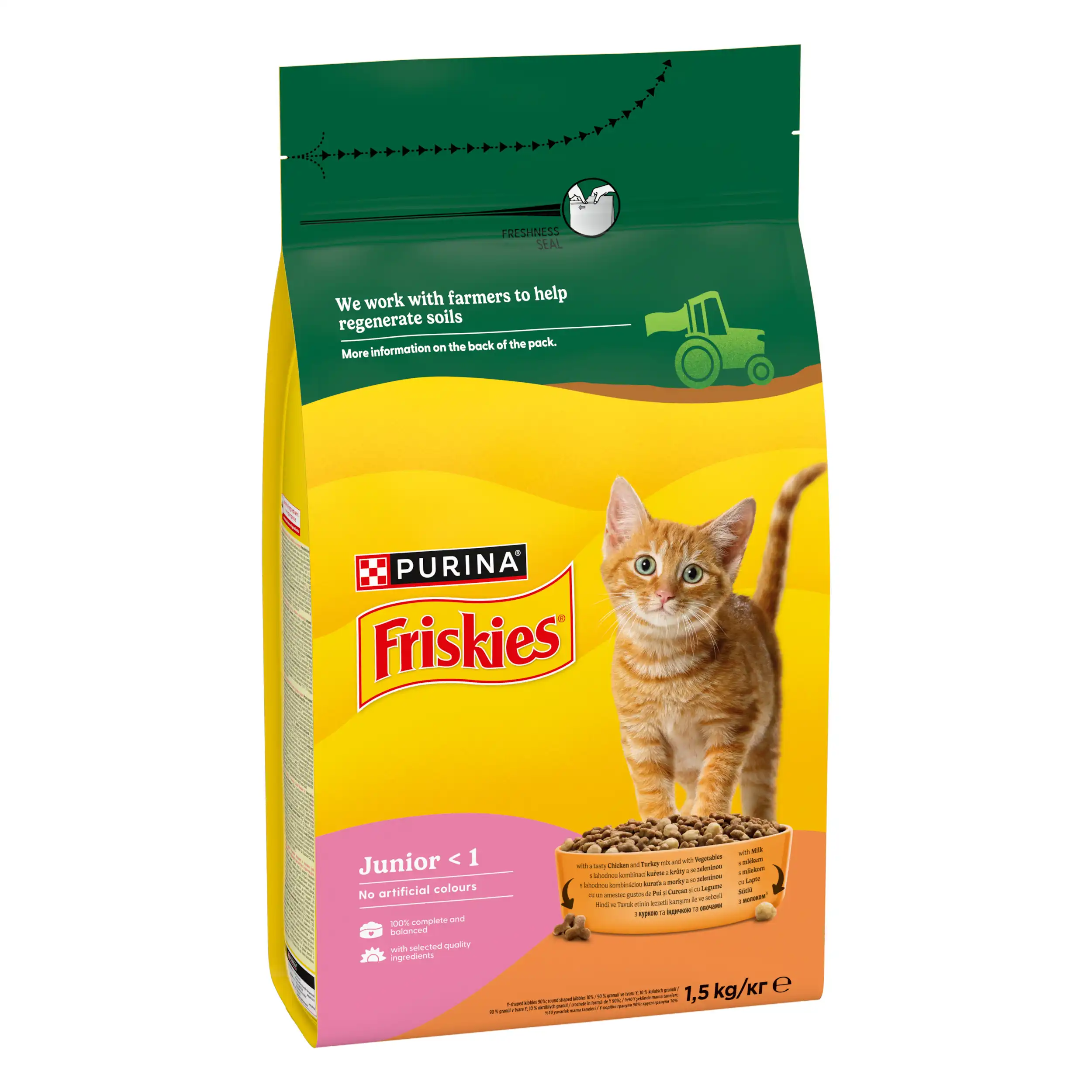 Purina Friskies Junior cu Pui Curcan Legume și Lapte Pisici 1.5kg