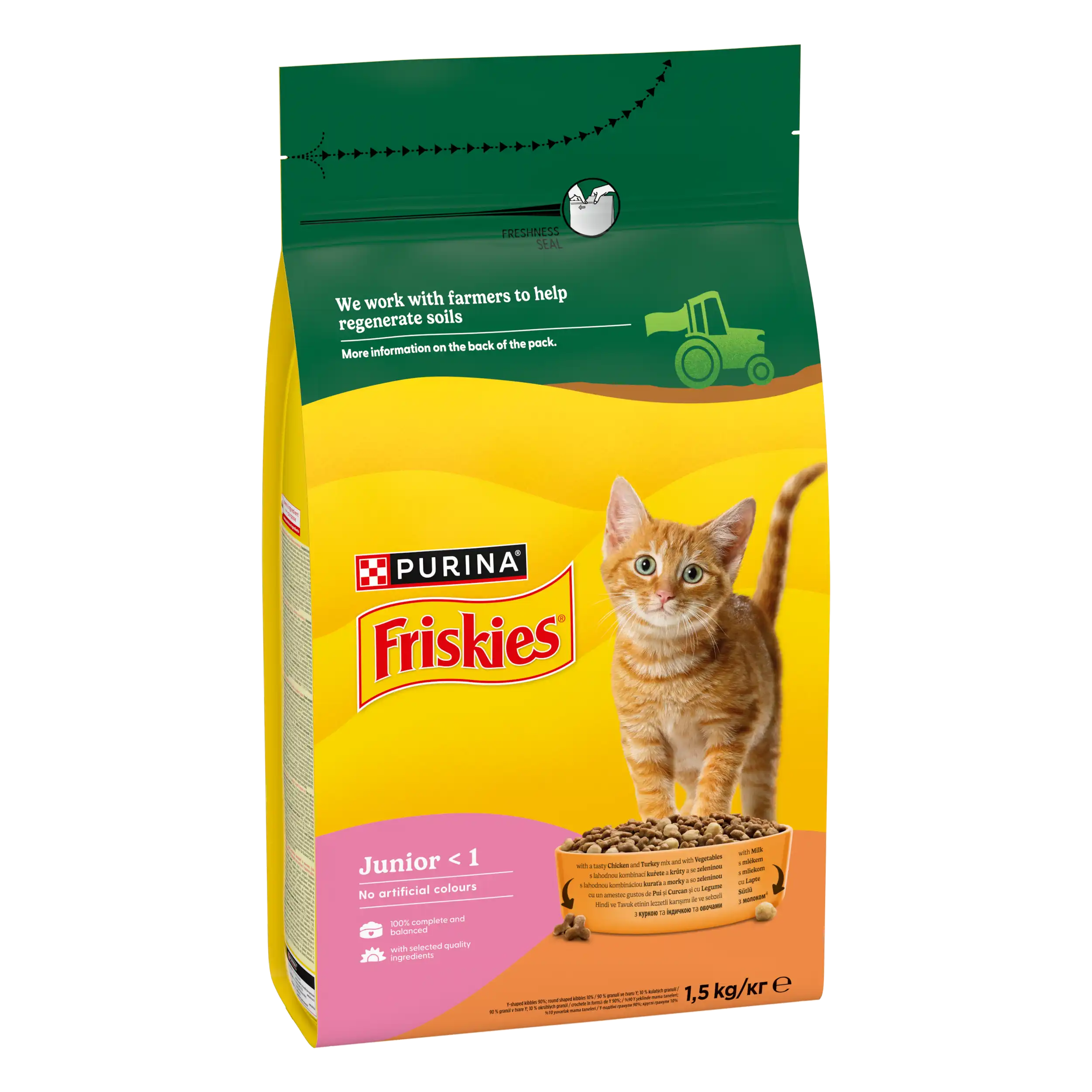 Purina Friskies Junior cu Pui Curcan Legume și Lapte Pisici 1.5kg