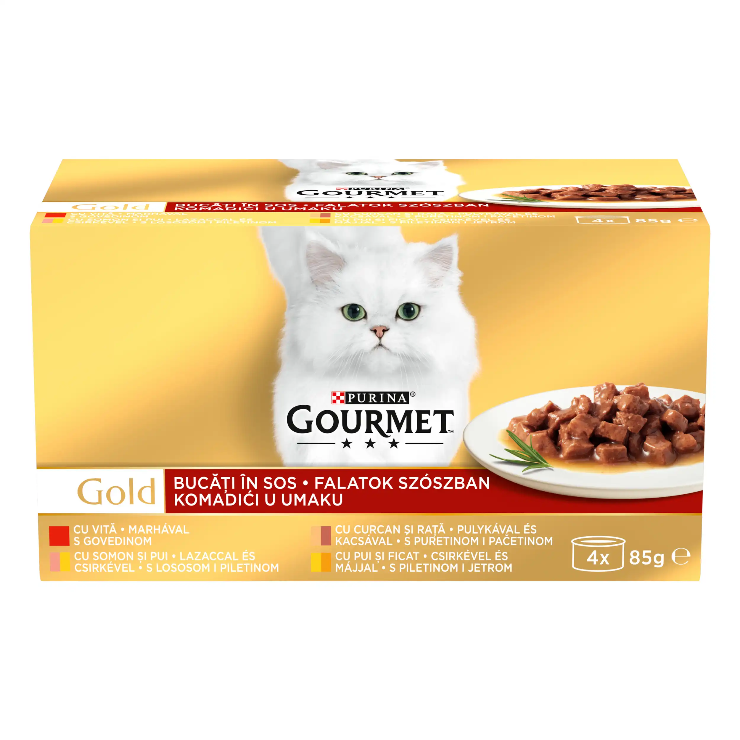 Purina Gourmet Gold cu Vită și Curcan și Rață Pachet Mixat în Sos Pisici 340g