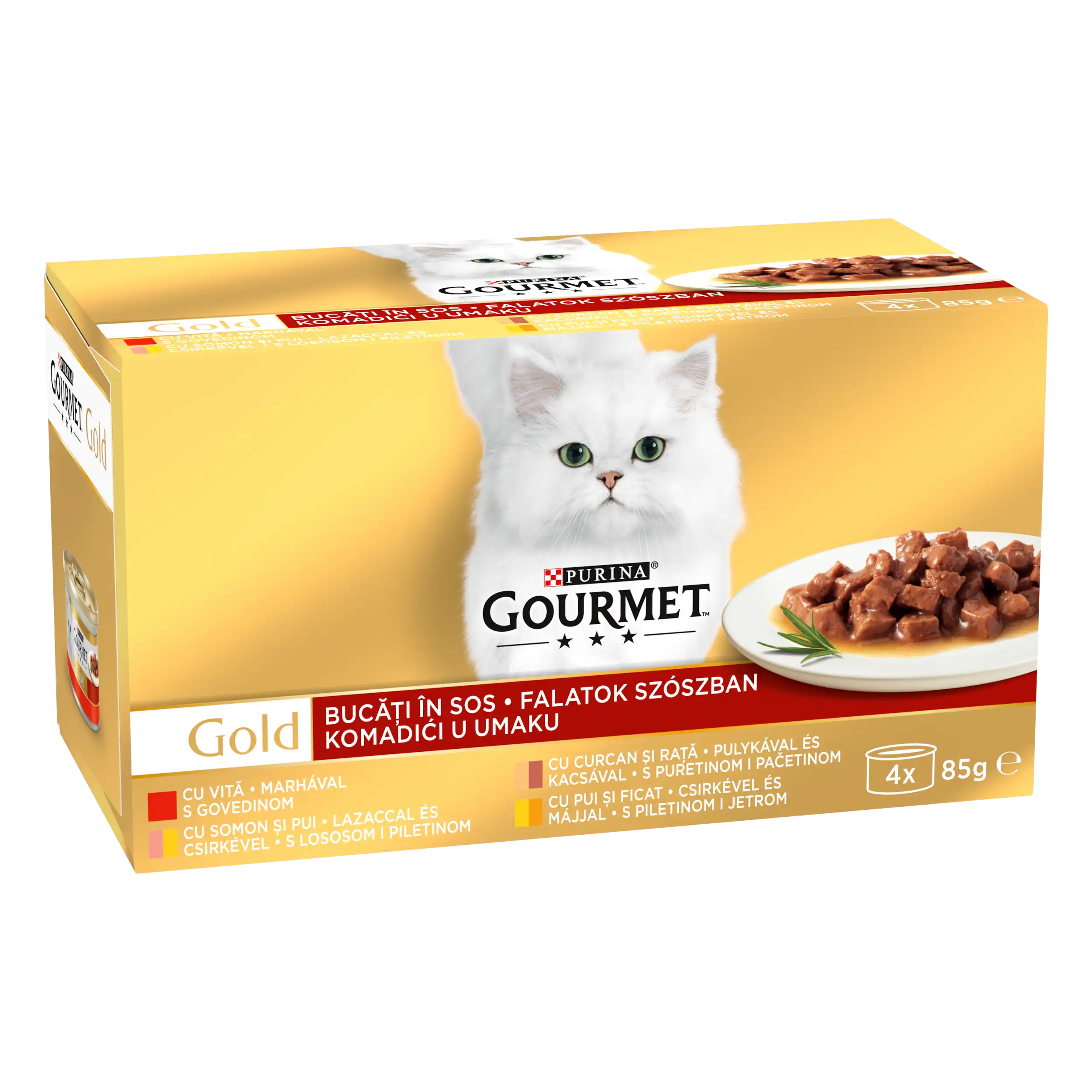 Purina Gourmet Gold cu Vită și Curcan și Rață Pachet Mixat în Sos Pisici 340g