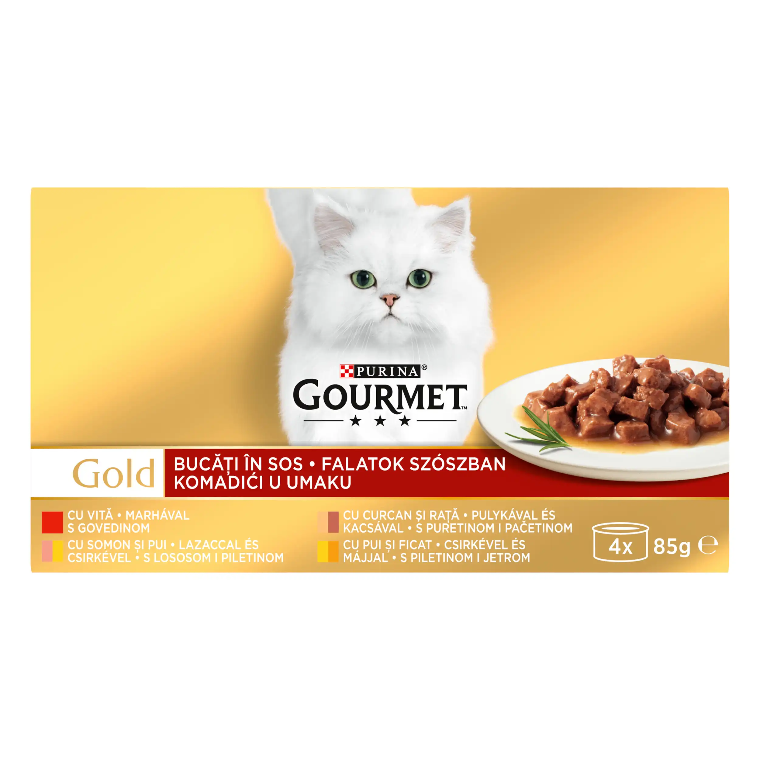 Purina Gourmet Gold cu Vită și Curcan și Rață Pachet Mixat în Sos Pisici 340g