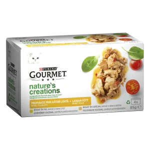 Purina Gourmet Nature’s Creation cu Pui Spanac și Roșii/ cu Curcan Pisici 340g