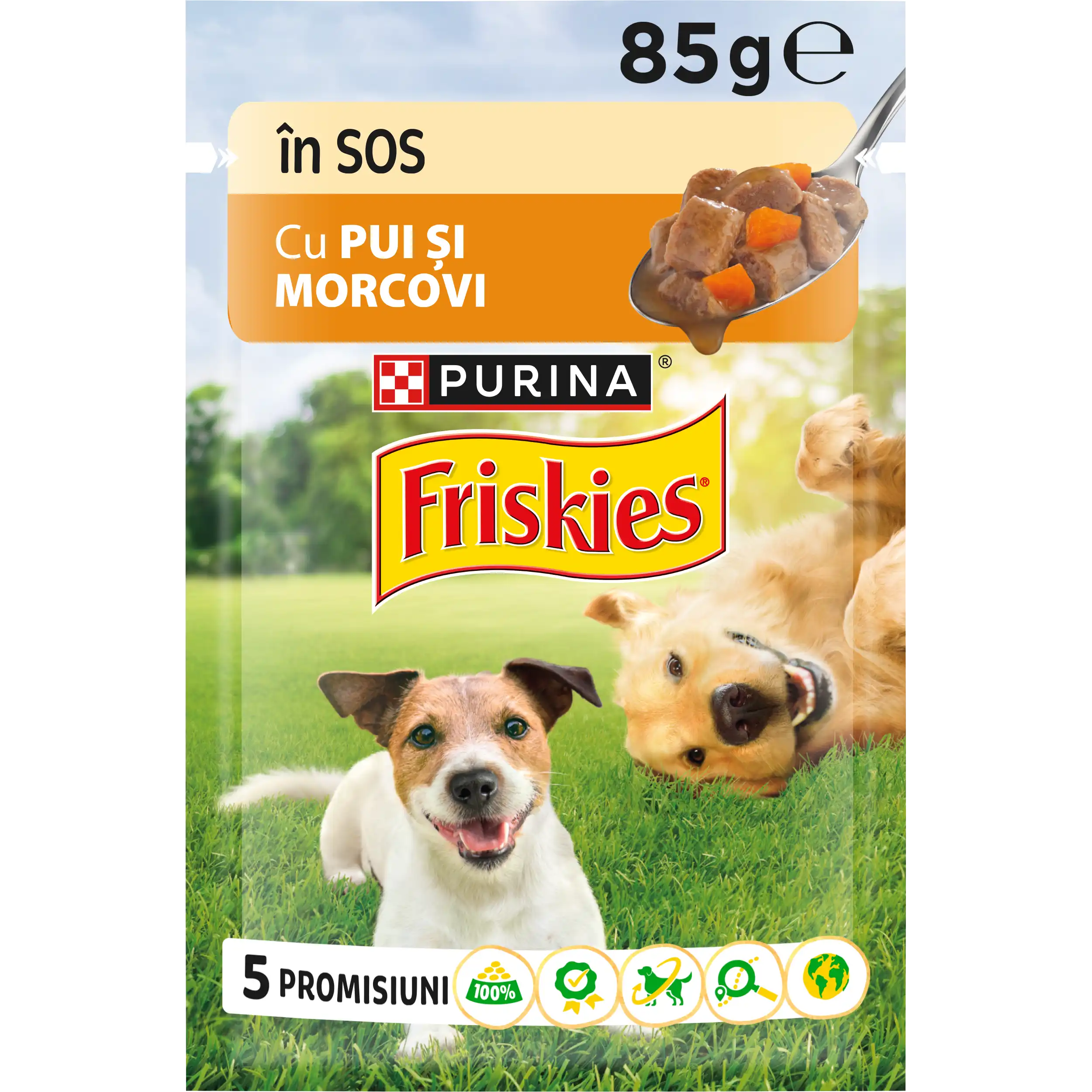 Purina Friskies Adult cu Pui și Morcovi în Sos Câini 85g