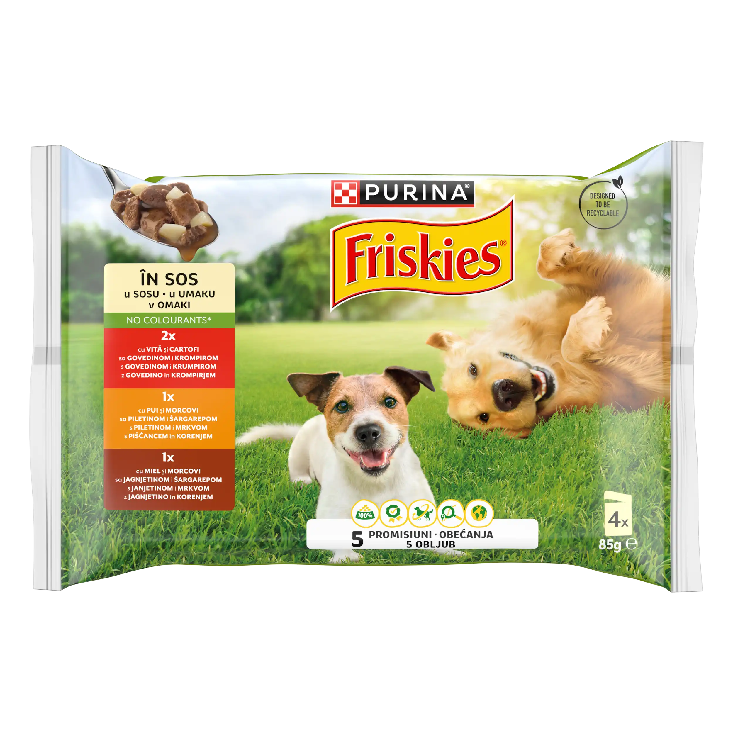 Purina Friskies Adult cu Pui și Morcovi Vită și Cartofi Miel Câini 340g