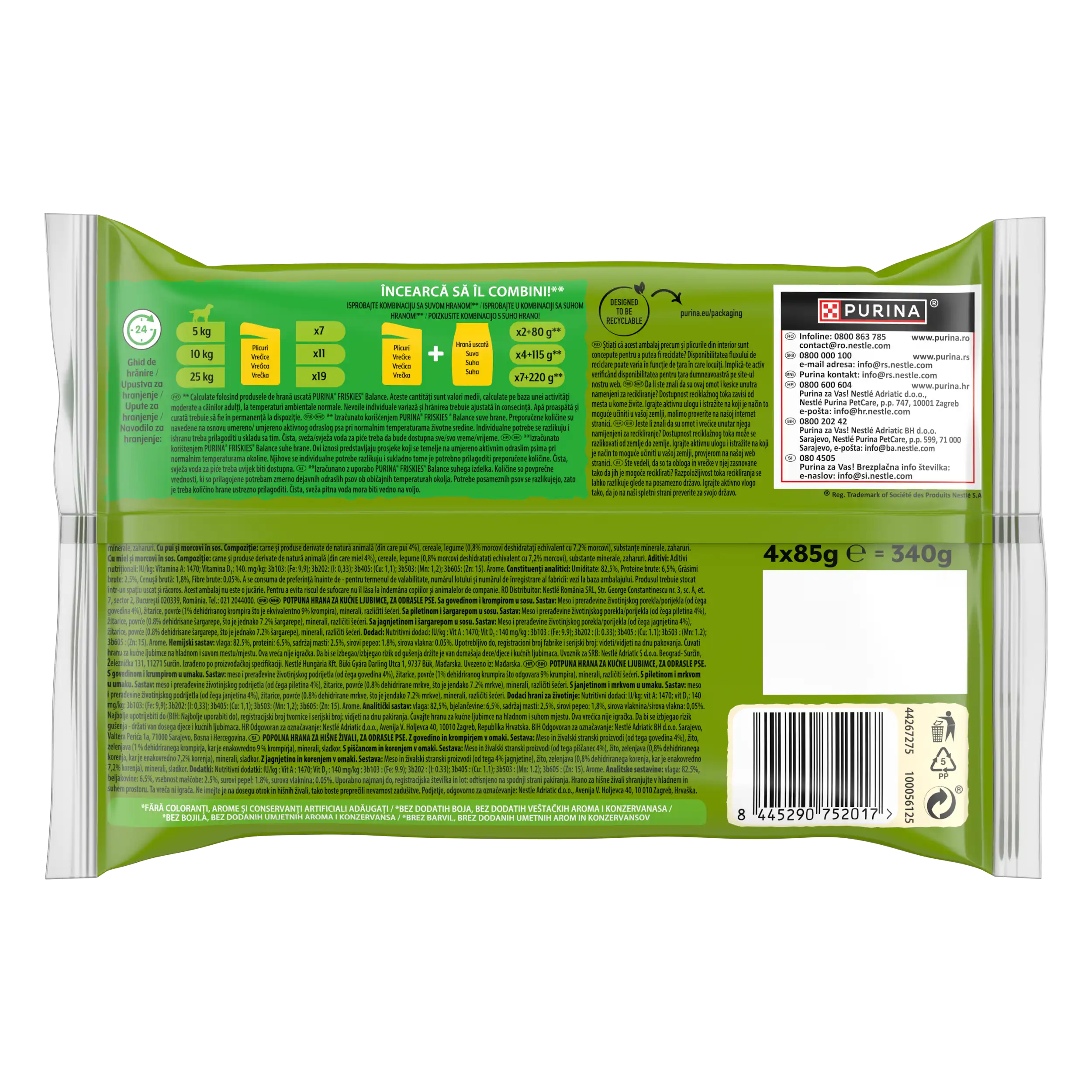 Purina Friskies Adult cu Pui și Morcovi Vită și Cartofi Miel Câini 340g