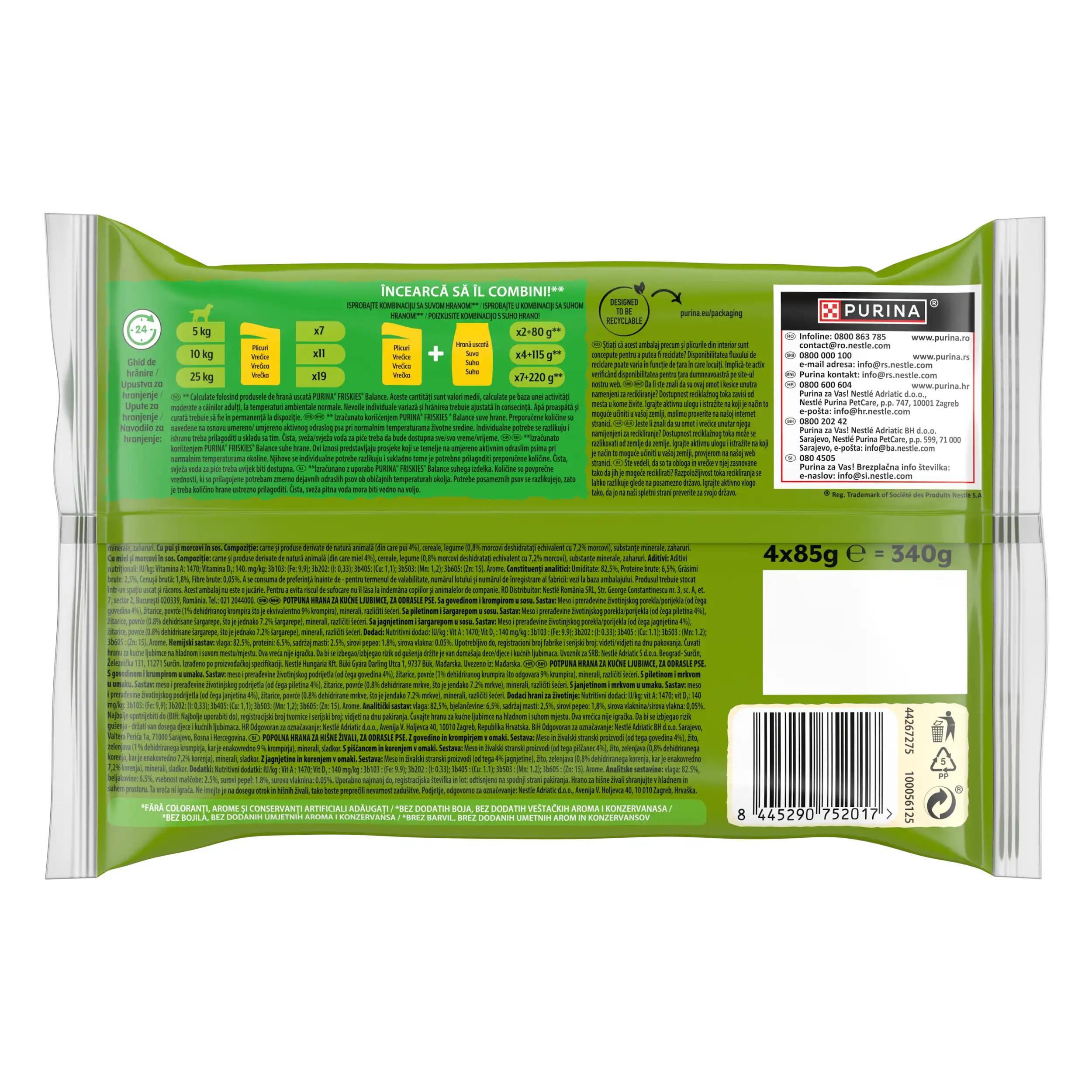 Purina Friskies Adult cu Pui și Morcovi Vită și Cartofi Miel Câini 340g