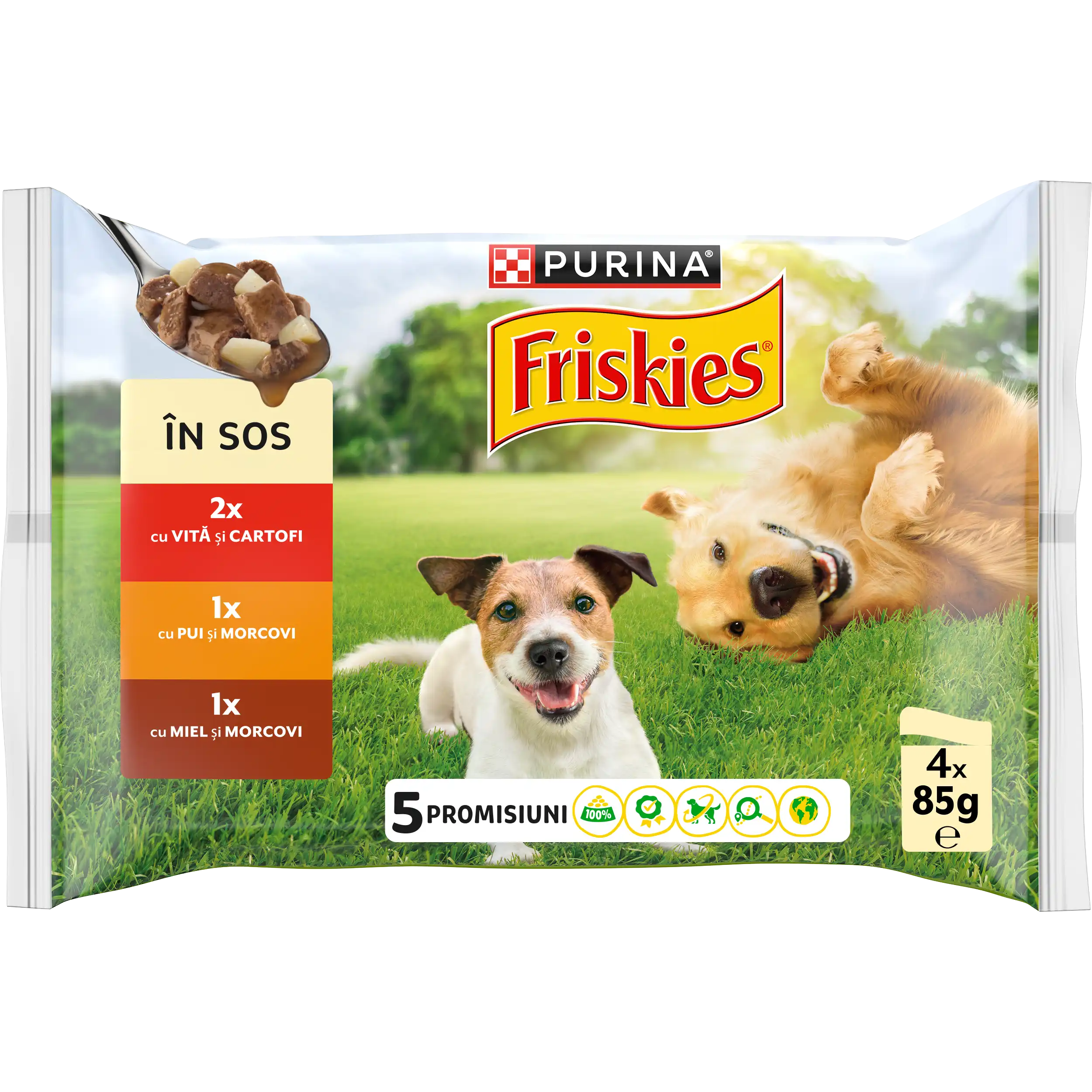 Purina Friskies Adult cu Pui și Morcovi Vită și Cartofi Miel Câini 340g