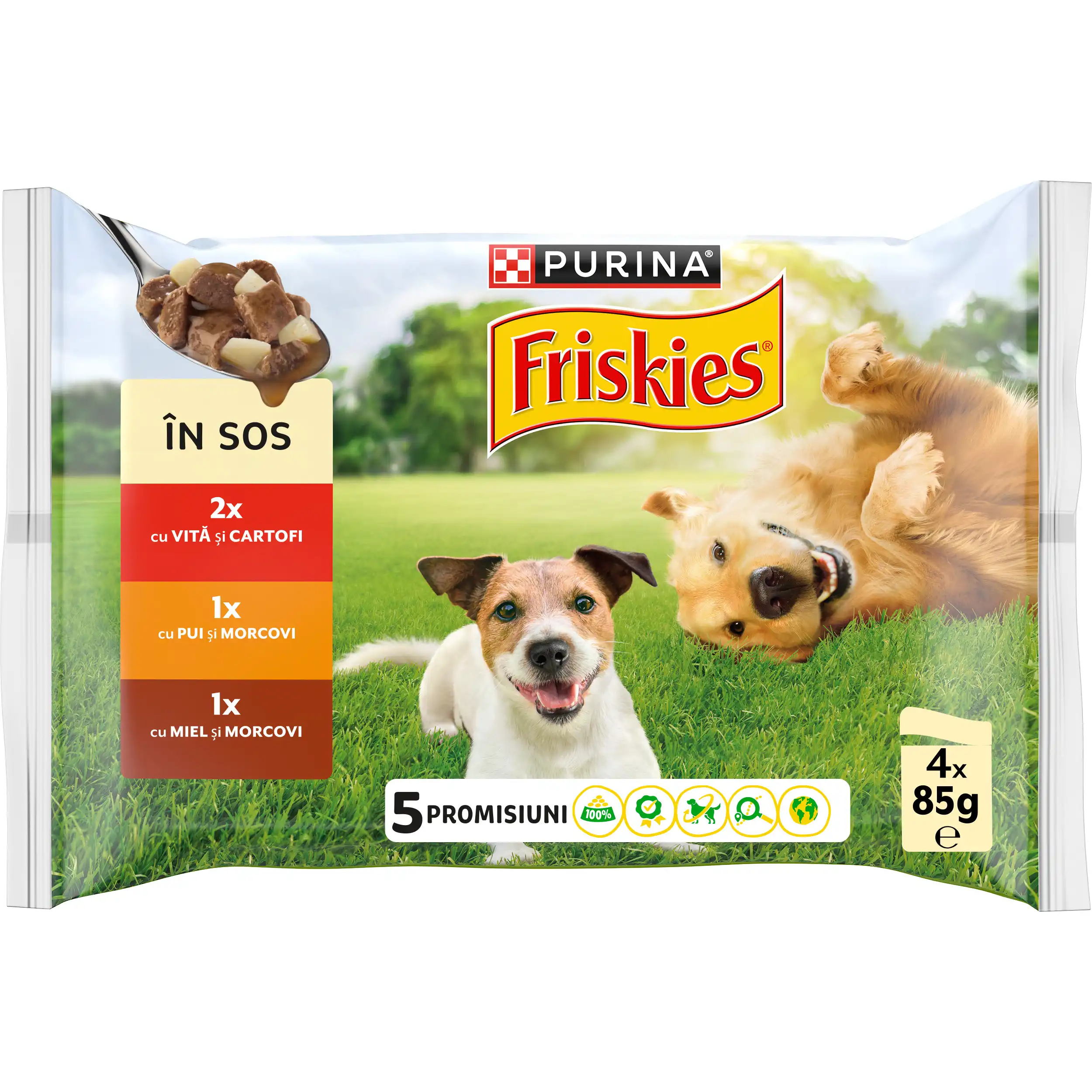 Purina Friskies Adult cu Pui și Morcovi Vită și Cartofi Miel Câini 340g