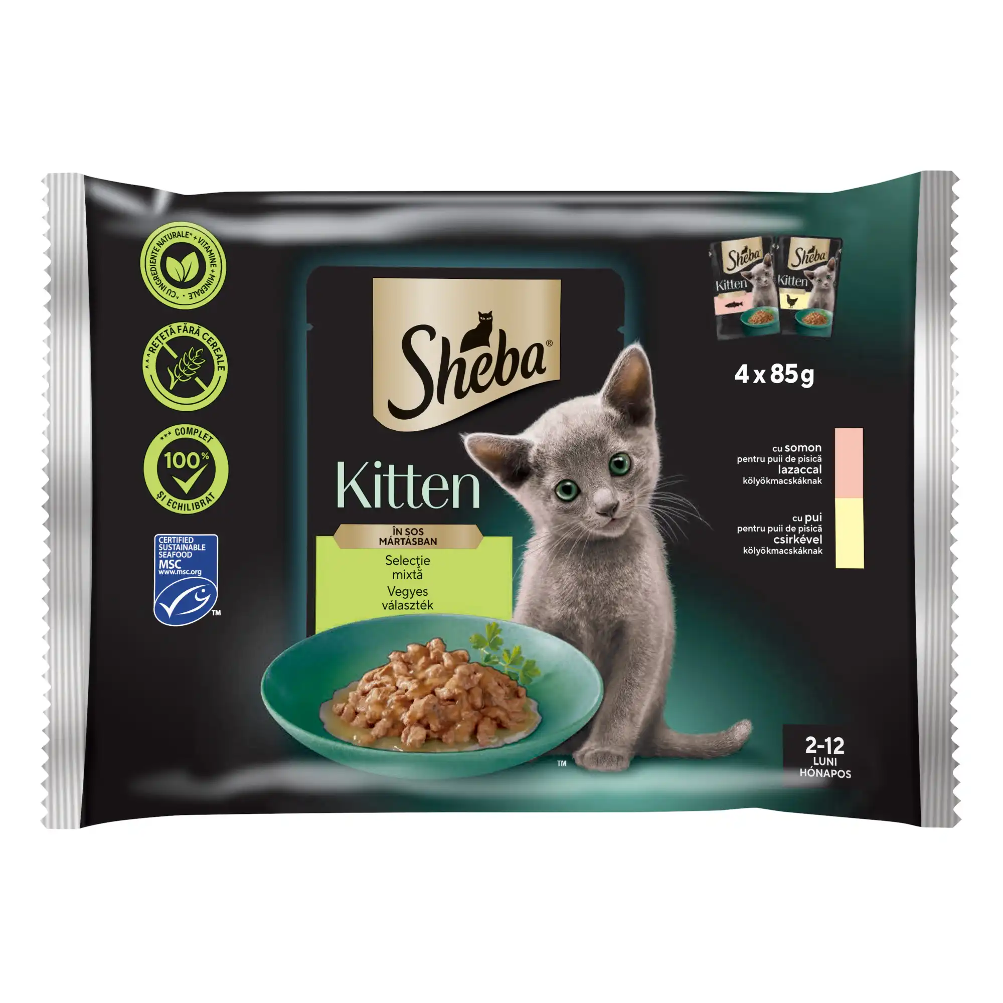 Sheba Kitten plicuri hrană umedă pisici juniori somon și pui 4×85 g