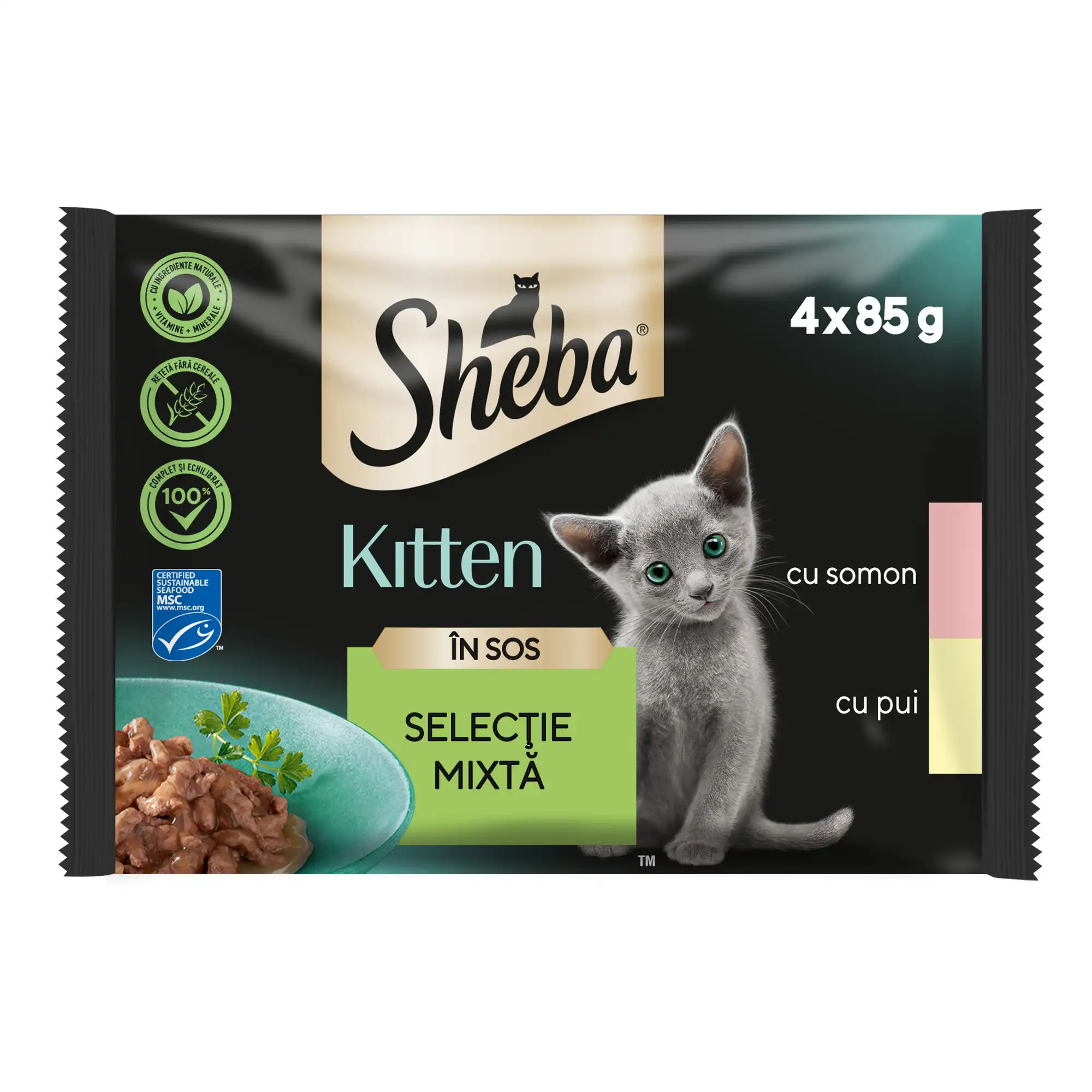 Sheba Kitten Plicuri Pisici Somon și Pui 4×85 g - imagine 2