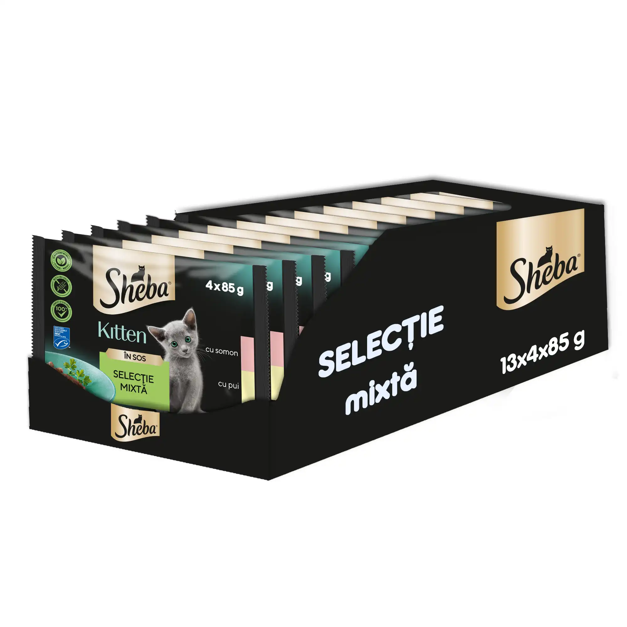Sheba Kitten Plicuri Pisici Somon și Pui 4×85 g - imagine 4
