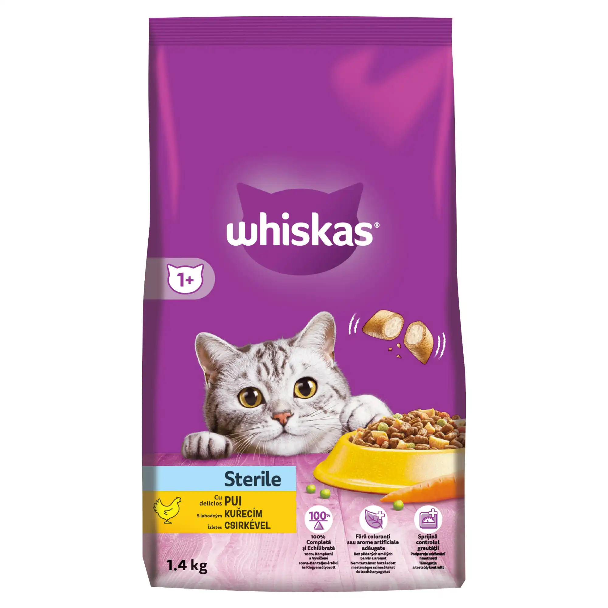 Whiskas Sterile hrană uscată pui pisici sterilizate sac 1,4 kg